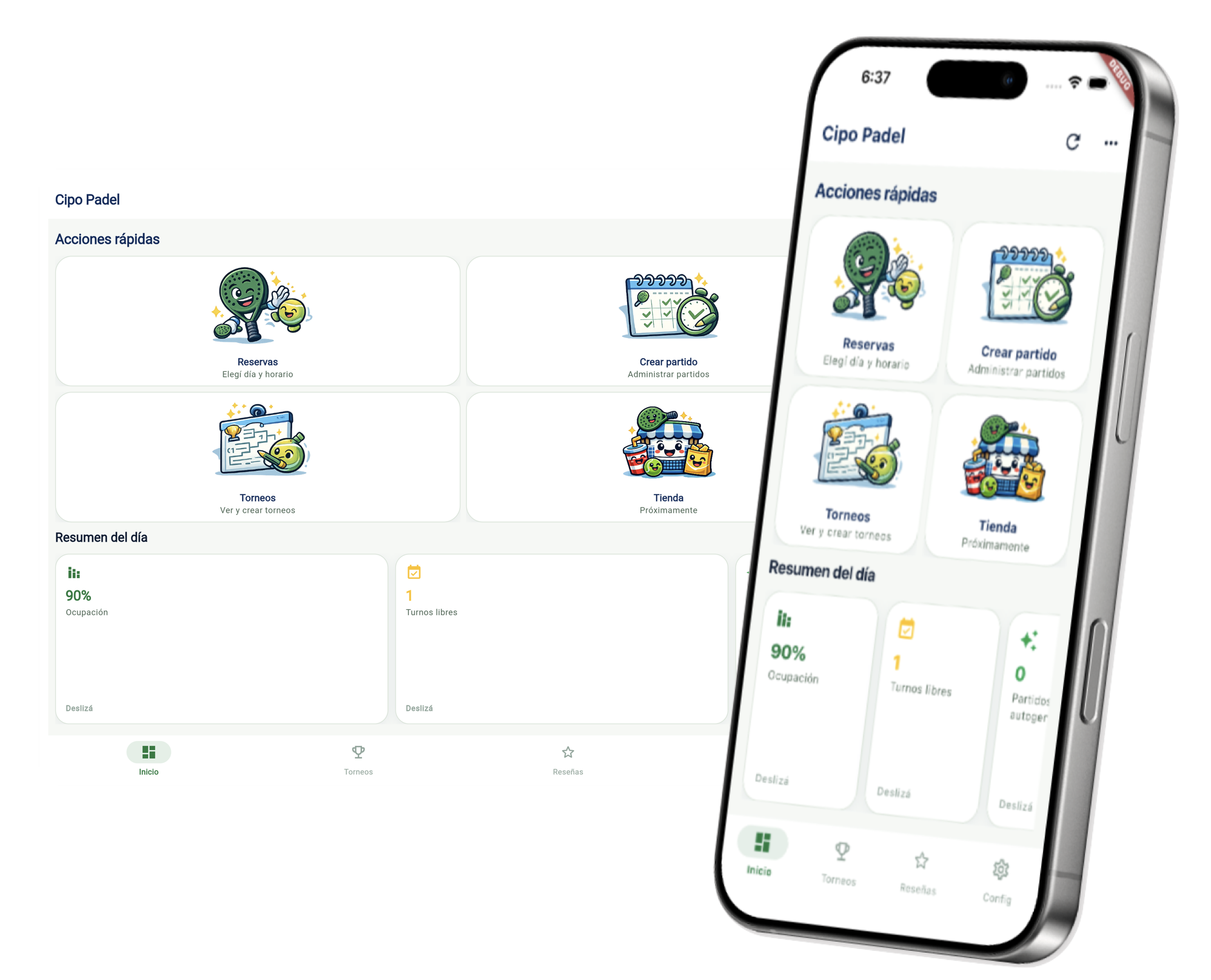 Vista de la app para clubes: acciones rápidas y resumen del día