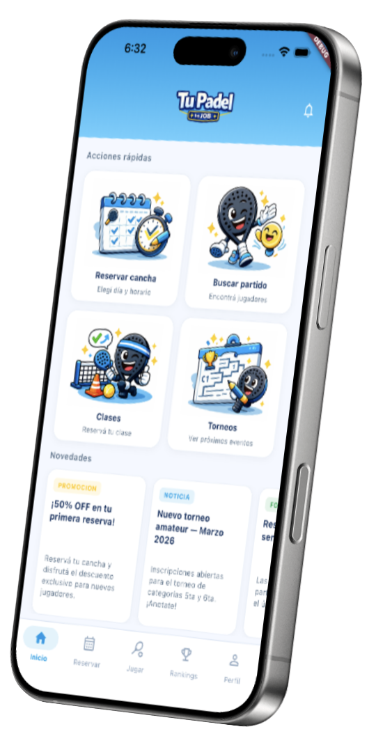 Pantalla de Tu Padel: inicio, acciones rápidas y novedades